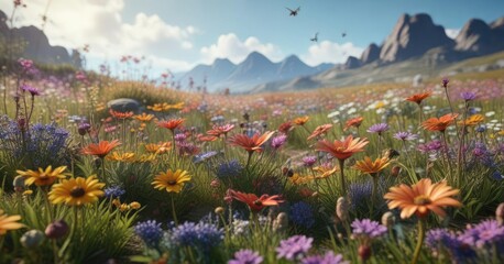Obraz premium Insects and flowers in a colorful meadow ecosystem , wildlife photography, natural world, garden scenery