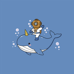 Adorable Diver on Unicorn Whale Whimsical Underwater Scene © anissa