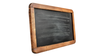Empty vintage chalkboard with wooden frame on transparent background