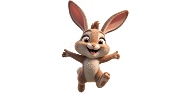 Cute cartoon Easter bunny rabbit, with big ears and a playful spring vibe, isolated on alpha channel