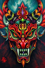 Fototapeta premium Illustration of a Strikingly Detailed Mask with a Fiery Presence and Hypnotic, Deep-Set Eyes