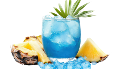 Refreshing blue cocktail with pineapple garnish on transparent background