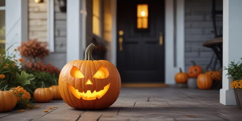Jack O Lantern pumpkin with spooky and funny face on front porch, seasonal, front yard, fall season