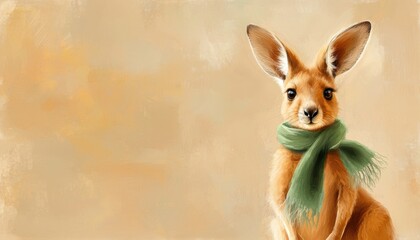A cute kangaroo wears a green scarf against a soft, warm background, exuding charm and personality.