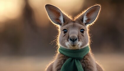 Fototapeta premium A charming kangaroo wearing a green scarf, set against a warm, blurred background, exuding a friendly and playful vibe.