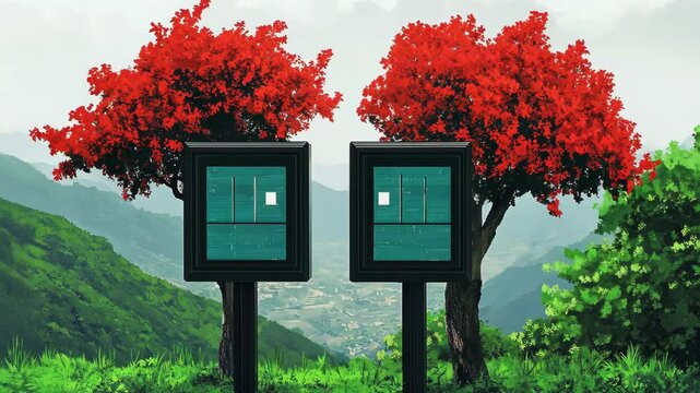 Beautiful red trees frame wooden mailboxes in a tranquil mountain landscape during daylight