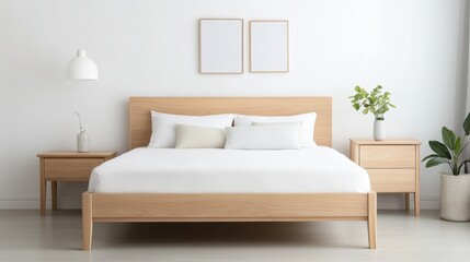 Modern minimalist bedroom with wooden furniture, clean lines, natural light, and neutral decor elements