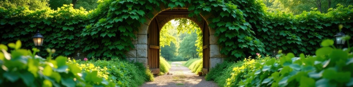 La porte de Clos vignes entour?e par une nature vivante, feuilles vertes, portail, nature