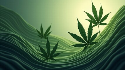 Obraz premium Floating marijuana amidst undulating lines in an opaque void, symbolizing uncertainty.