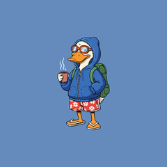 Stylish Duck Traveler Coffee Break Cartoon Illustration