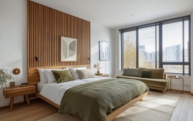 Fototapeta premium Modern bedroom design featuring wooden accents and natural light in a contemporary apartment