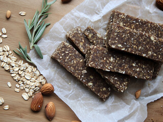 A collection of protein bars packed with visible nuts, grains, seeds, placed on natural-toned parchment paper. Handcrafted. Scattered sunflower seeds, almonds, and oats. Rustic aesthetic