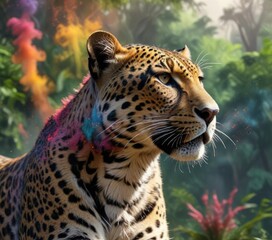 Obraz premium Leopard with colorful smoke bursts in the jungle, colorful, burst, smoke