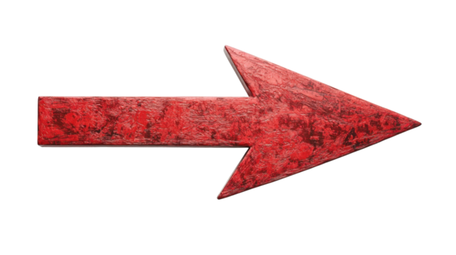 Red wooden arrow pointing right on transparent background