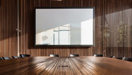 Modern industrial-themed conference room with a blank white poster hanging on a cable-mounte