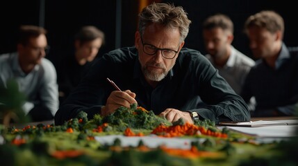 Business analytics uses predictive insights to track emerging market trends. Focused designer working on a detailed landscape model.