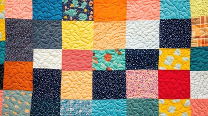 Vibrant patchwork quilt with geometric 25-block arrangement, cozy textile design