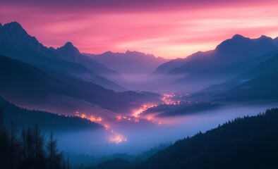 Fototapeta premium Serene twilight over valley with mist and mountain silhouettes at dusk
