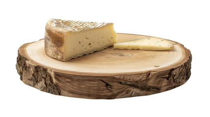 Saint-nectaire cheese resting on rustic wooden board with transparent background