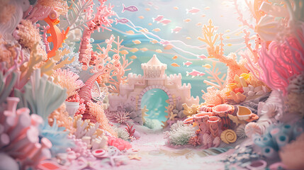 3D backdrop paper scene, pastel colors, magical mermaid castle with seahorses and shells,in gold on top of the door frame, coral reef, paper cutouts