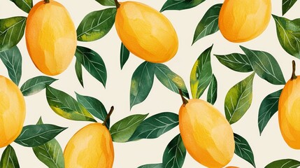 Watercolor mango fruit pattern with green leaves representing tropical freshness and organic nature