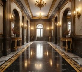Fototapeta premium Luxury mansion hallway with gold accents and cracked marble floor , opulent decor, grand hallway, marble wall