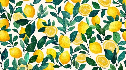Hand-drawn vibrant lemon pattern with fresh green leaves symbolizing citrus freshness, health, and organic farming