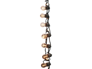  A vertical string of glowing warm yellow light bulbs, evenly spaced along a thin wire, isolated on transparent background PNG 