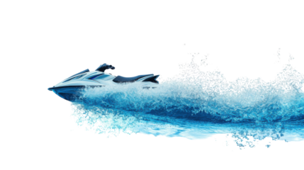 Modern jet ski leaving big blue wave with transparent background