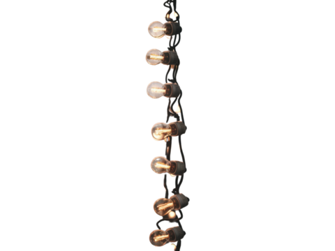  A vertical string of glowing warm yellow light bulbs, evenly spaced along a thin wire, isolated on transparent background PNG 