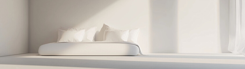 Bed set, White bed with pillows in white room, created using Generative AI technology.