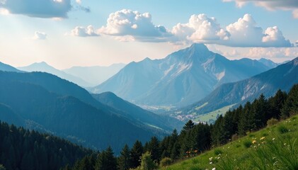 Fototapeta premium Majestic mountains meet the horizon as a serene sky with clouds unfolds above, , nature
