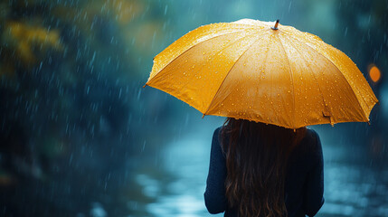 a woman walking in the morning light rain. She has a yellow umbrella. --ar 16:9 --stylize 750 --v 6.1 Job ID: daef0763-8847-40e0-a6a6-852ac72945a9