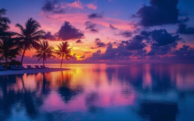 Vibrant sunset over tranquil waters with palm trees lining the shore