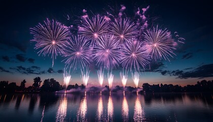 Purple Fireworks Display Over Serene Lake at Night