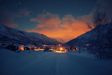Winter night landscape featuring mountains and a tranquil village under starlit sky