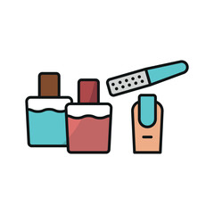 Nail polish bottle and nail file set beauty salon icon in flat style, featuring a sleek nail polish bottle and a smooth nail file, perfect for manicure and beauty themes.