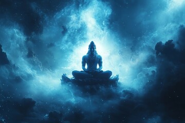 Lord Shiva meditating amidst cosmic clouds