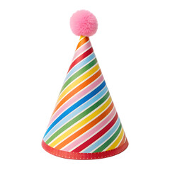 Bright party hat with rainbow stripes and pink pom-pom on top, isolated. Celebration and festive...