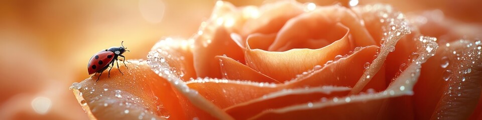 Close-Up of Dew-Kissed Rose with Ladybug Under Soft Morning Light in Nature's Serenity