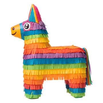 Vibrant rainbow-colored donkey-shaped pi&ntilde;ata with layered fringes, crafted from paper. Festive celebration