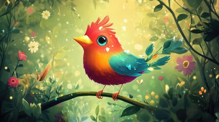 Whimsical cartoon bird with a cheeky expression, set in a magical children's world