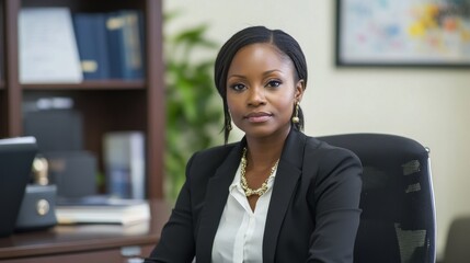 School safety regulations, African-American lawyer advising on school safety policies, determined look, modern office setup