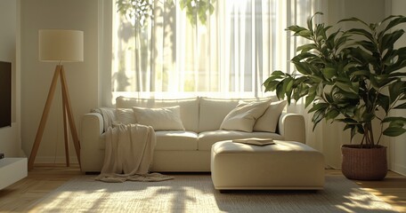 Cozy living room bathed in natural light with green plant and soft textures