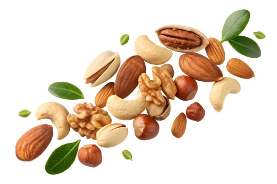Mixed nuts including almonds, walnuts, cashews, and pistachios with scattered green leaves, healthy snack