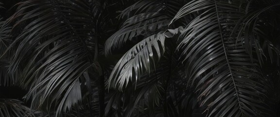 Monochrome image of tropical palm leaves in high contrast, nature, art, black and white