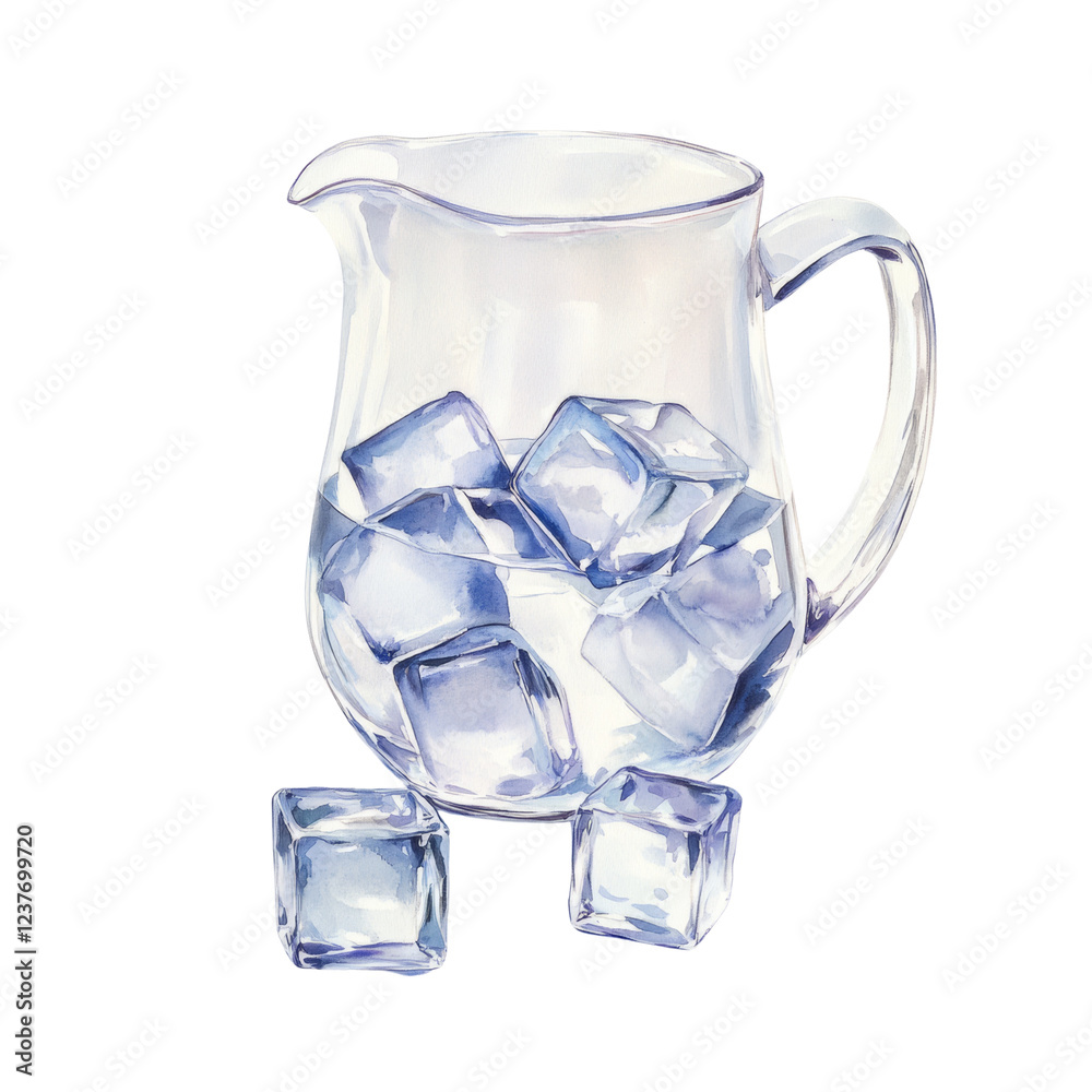 Poster a watercolor painting depicts a glass pitcher containing water and ice cubes with two additional cub