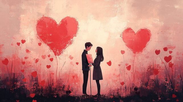 Illustration of simple Artistic image of couple doing a painting together, simple image, pink and red valantine theme love --ar 16:9 --stylize 750 --v 6.1 Job ID: 21d08eac-53a5-481d-83c4-2e048646172e