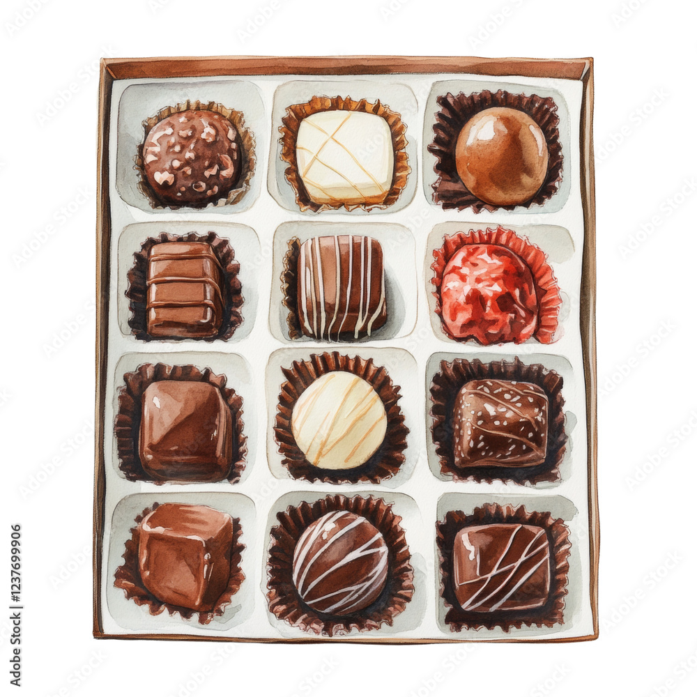 Poster a watercolor painting depicts a box of assorted chocolate candies, each uniquely decorated and arran