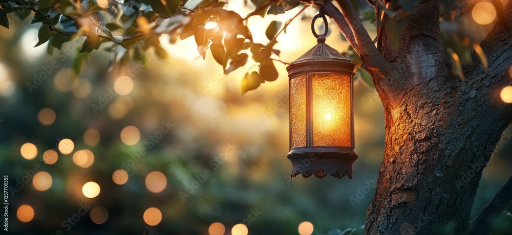 Wall mural A beautifully crafted lantern hanging from an outdoor tree, illuminated by warm golden light, surrounded by twinkling fairy lights and a soft bokeh background